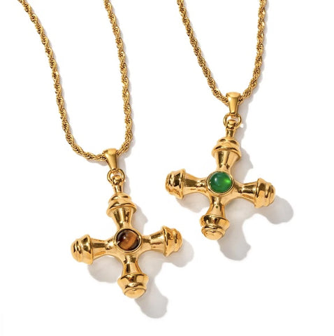 18K Gold Plated Crossed Necklace - Green or Brown