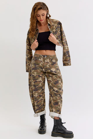 Camo Mid Rise Barrel Leg Jeans