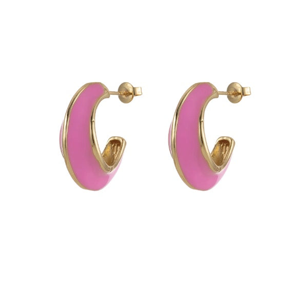 Gold Filled Bold Enamel Hoops Earring - Pink