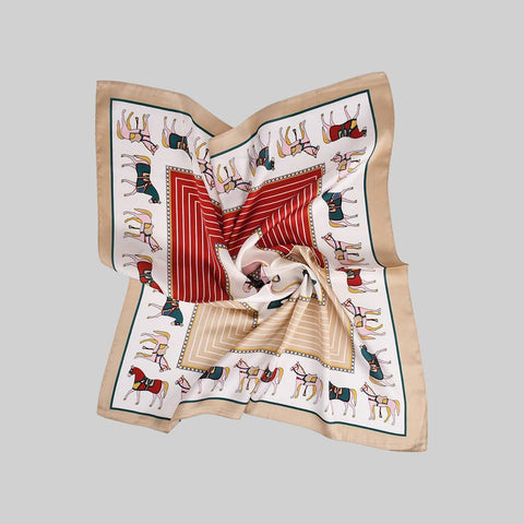 COLORFUL HORSE AND GEO PRINT SQUARE SCARF - BLUE OR BEIGE