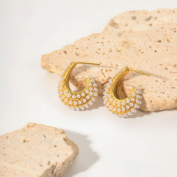 18K Gold Plated Pearl C Hoop Earrings
