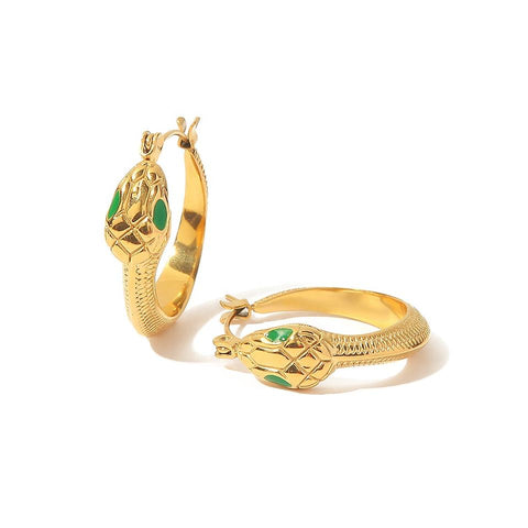 18K Gold Plated Green Eyed Snake Hoops