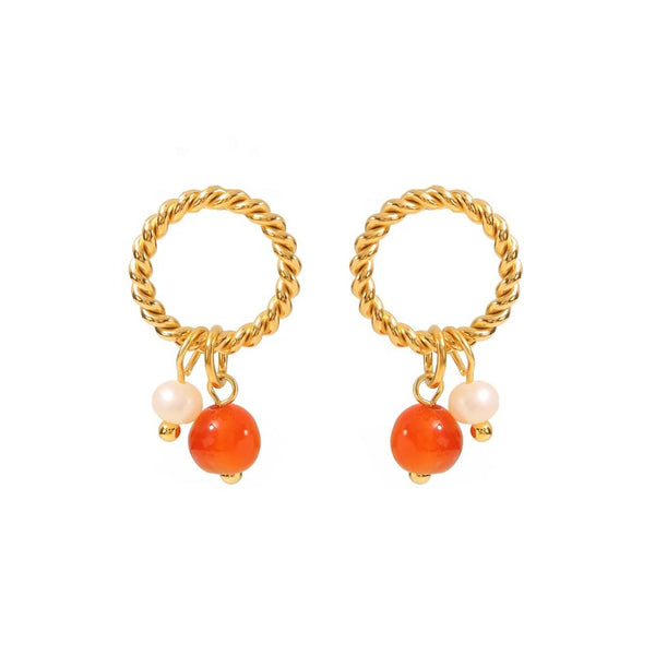 18K Gold Plated Red Agate + Pearl Pendant Earrings