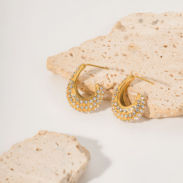 18K Gold Plated Rhinestone C Hoop Earrings
