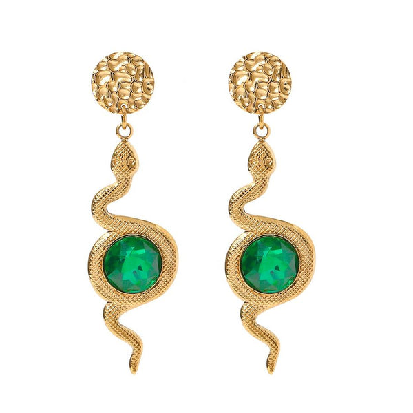 14k Gold Plated Green Snake Pendant Earrings