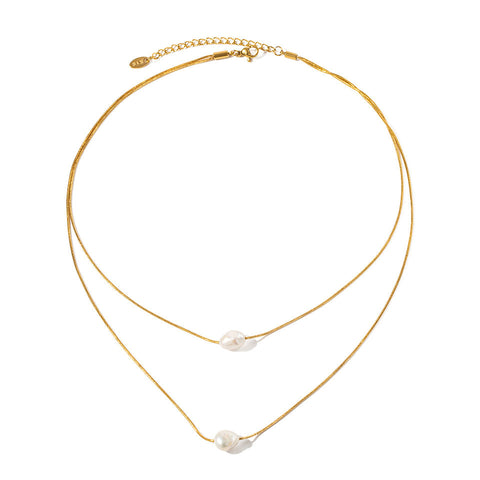 18k Gold Plated Double Layered Pearl Stainless Steel Necklace