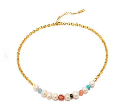 18K Gold Plated Stainless Steel Bead + Pearl Necklace