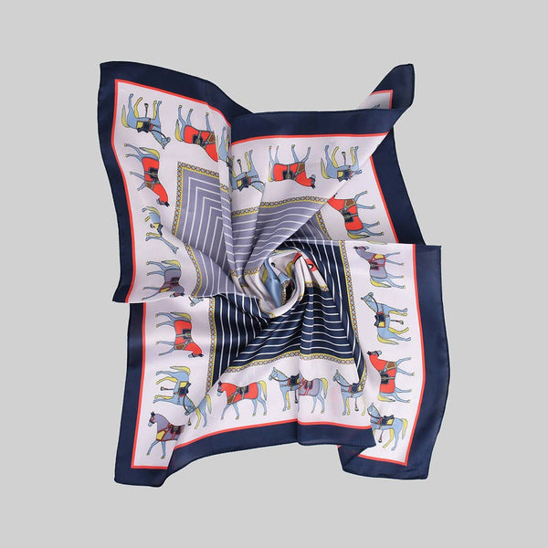 COLORFUL HORSE AND GEO PRINT SQUARE SCARF - BLUE OR BEIGE