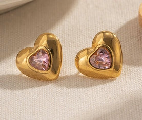 18K Gold Plated Heart W/ Pink Cubic Zirconia Earring