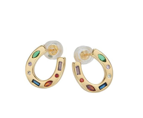 16K Gold Filled Multicolor CZ Horseshoe Stud Earrings