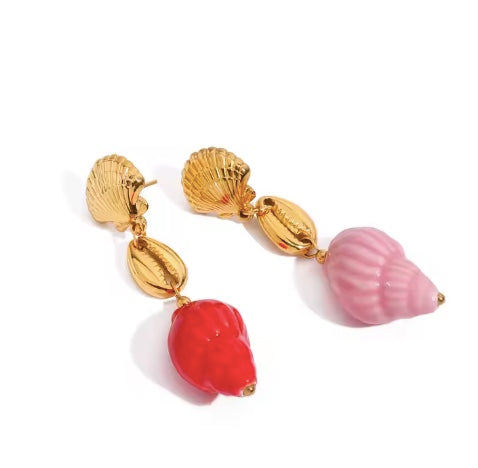 Red + Pink Shell Earrings