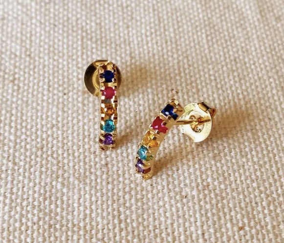 18k Gold Filled Curved Bar Multicolor Crystal Stud Earrings